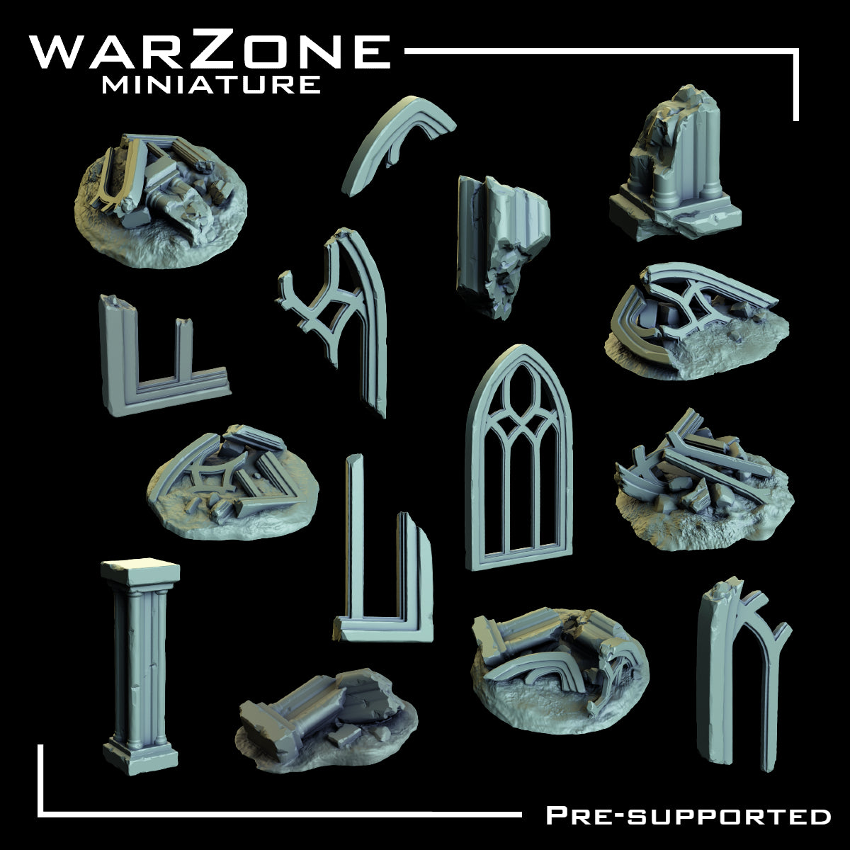 Set de Ruinas Góticas para Bases de Miniaturas - Ventanas y Pilares de Iglesia