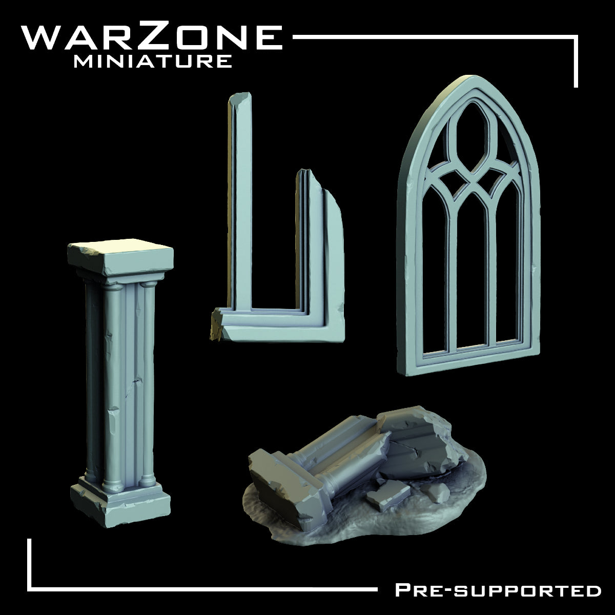 Set de Ruinas Góticas para Bases de Miniaturas - Ventanas y Pilares de Iglesia